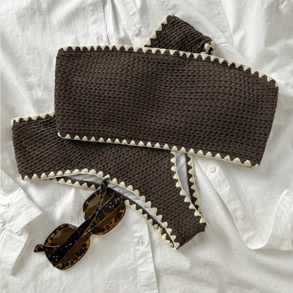 NWT SHEIN Brown textured strapless bikini set